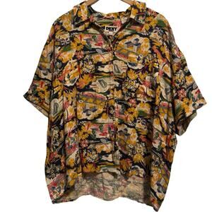 DKNY Womens M Button Up Shirt 100% linen Sleeve Pocket Hawaiian Hong Kong VTG